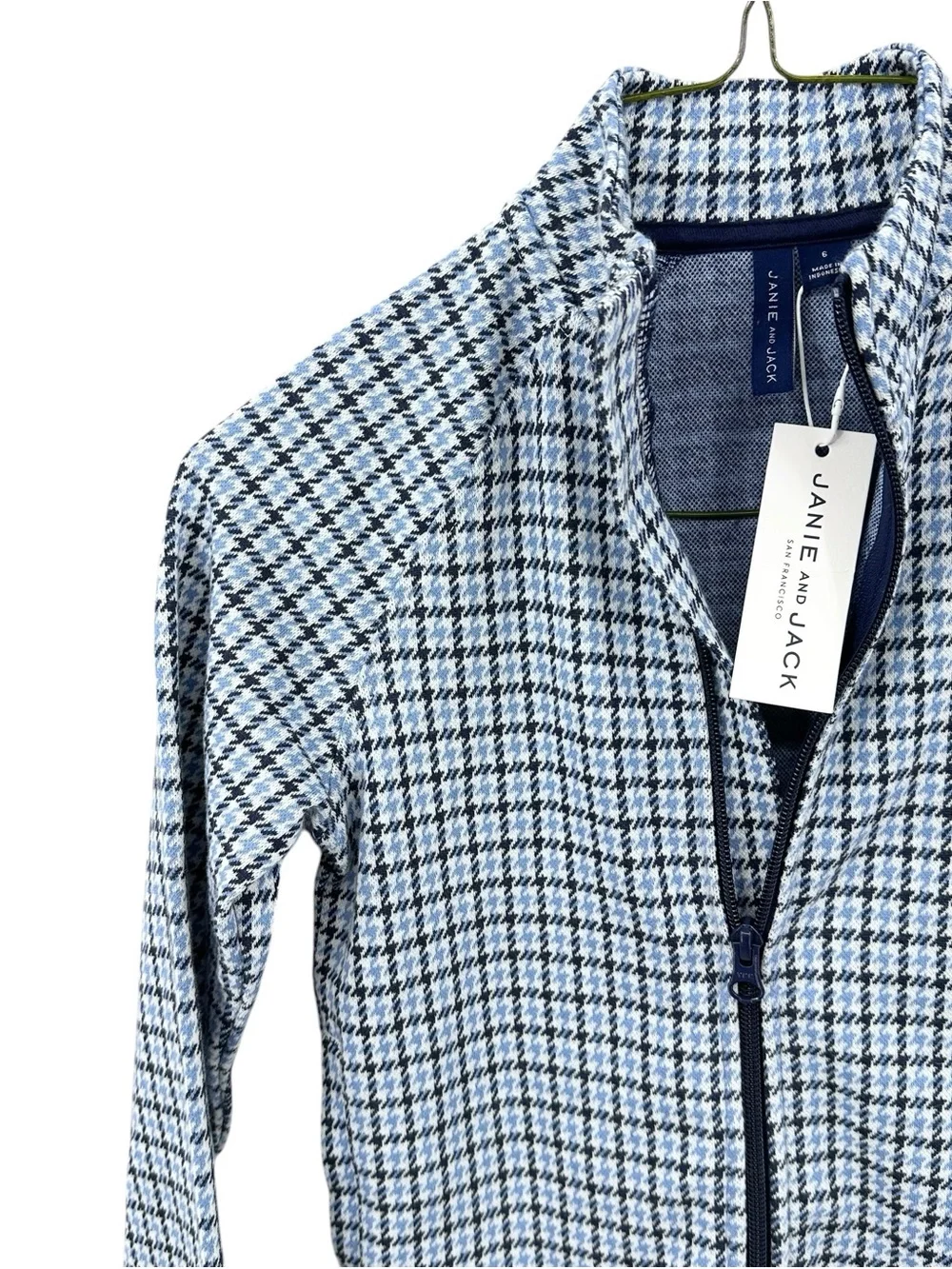 New JANIE & JACK Boys Jacket Houndstooth Jacquard Zip Blue White